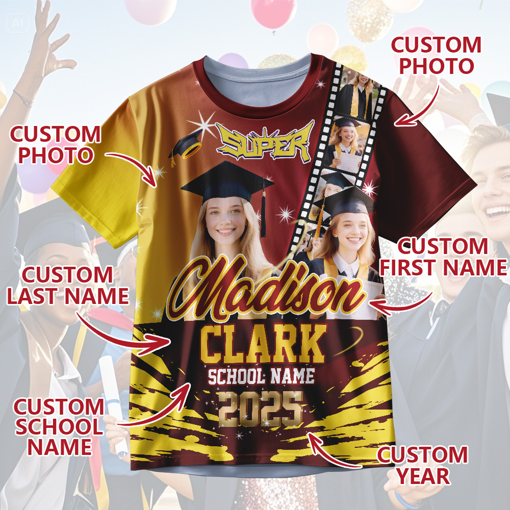 Custom Graduation T-Shirts Personalized All Over Print Shirt with Photo Graduation Party Gift