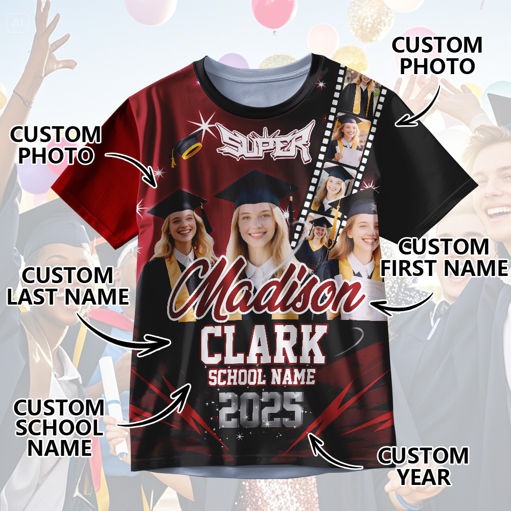 Custom Graduation T-Shirts Personalized All Over Print Shirt with Photo Graduation Party Gift