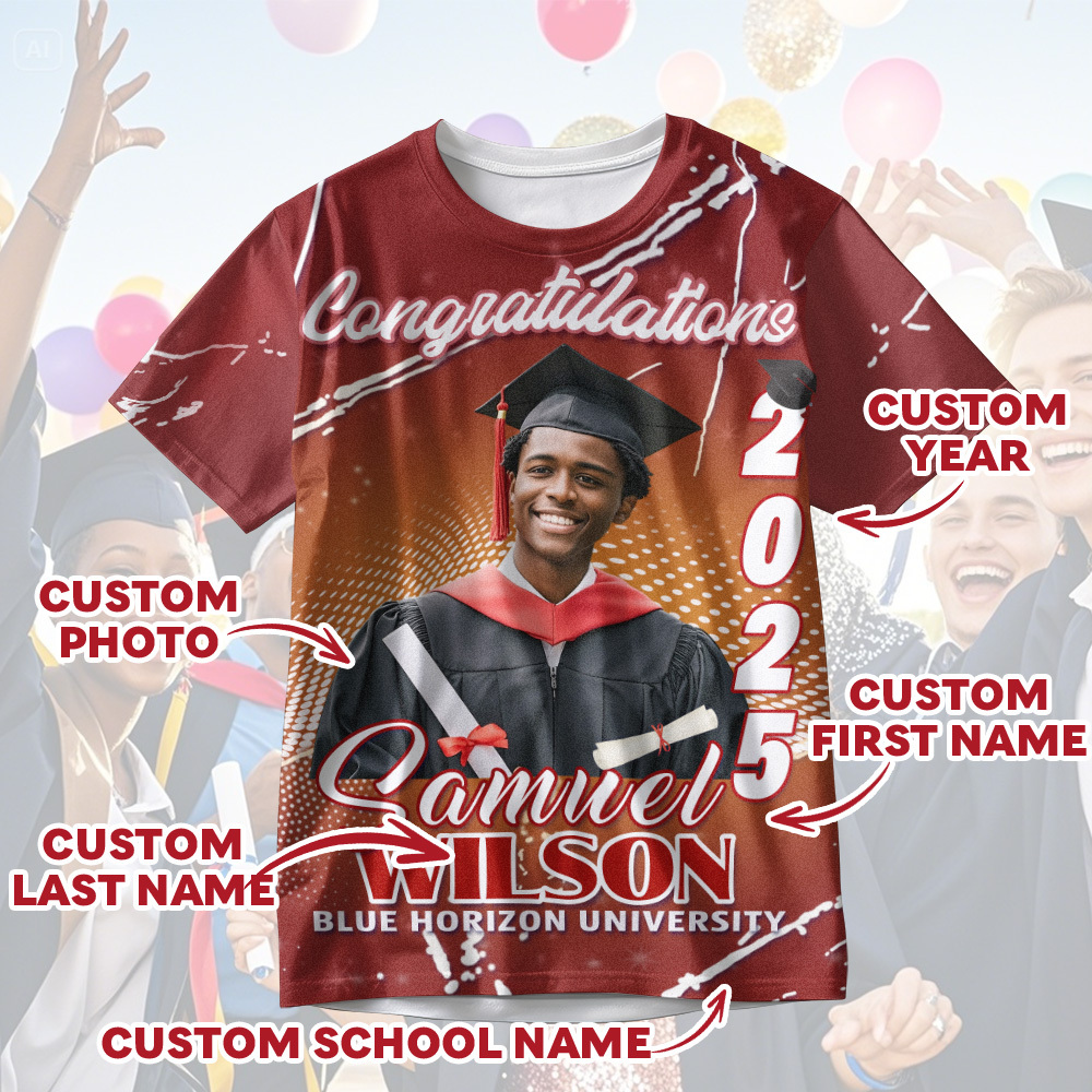 Custom 3D Graduation T-shirt Personalised Name & Year T-shirt Graduation Gift for Him