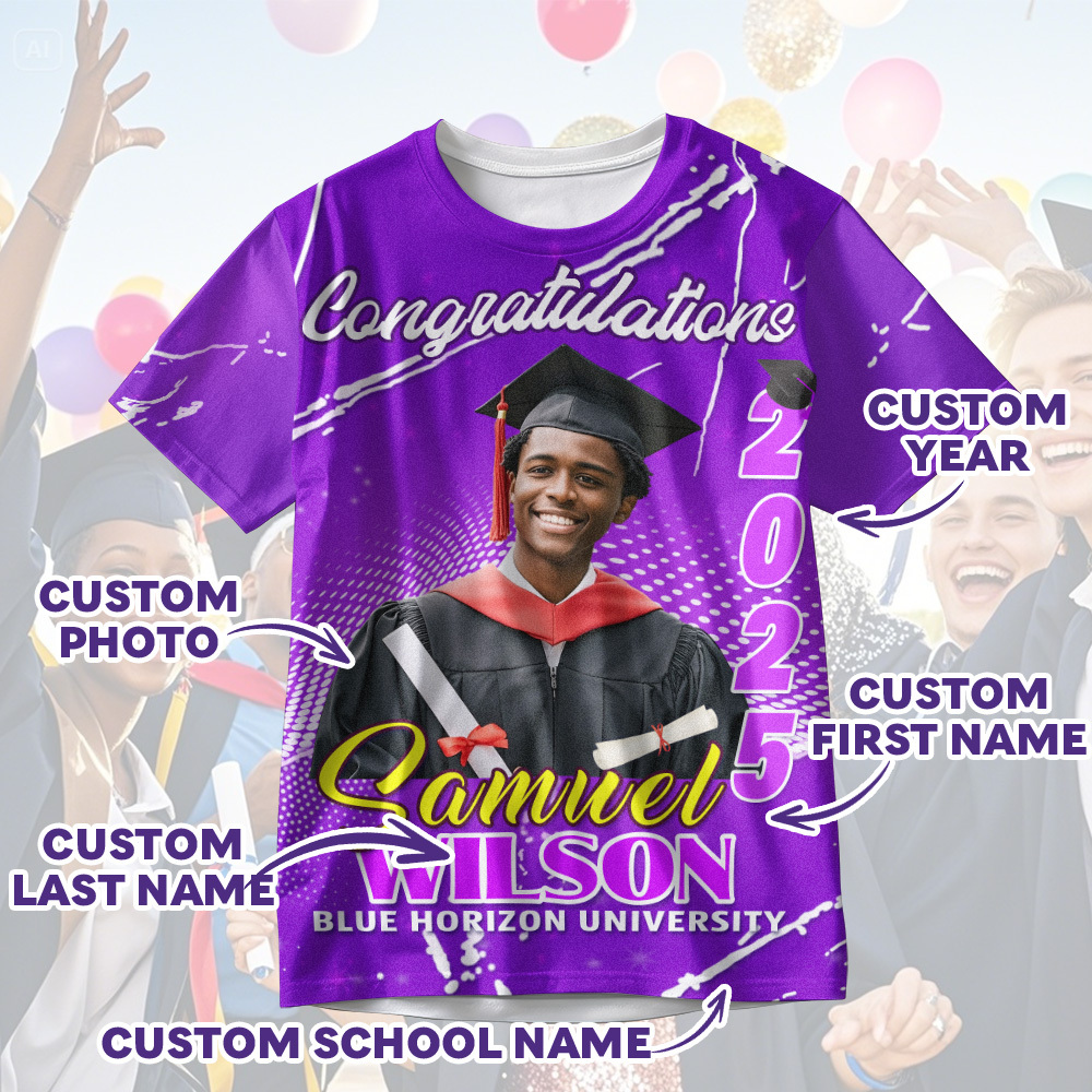 Custom 3D Graduation T-shirt Personalised Name & Year T-shirt Graduation Gift for Him