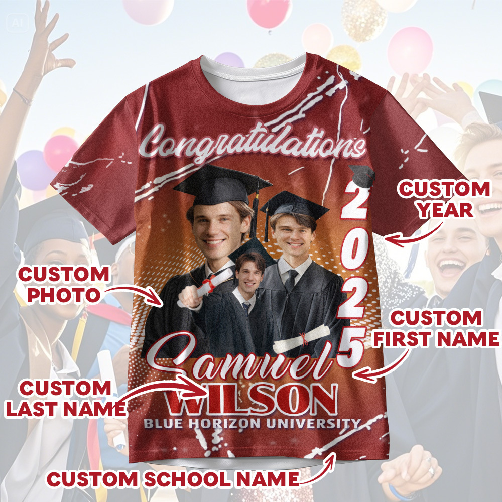 Custom 3D Graduation T-shirt Personalised Name & Year T-shirt Graduation Gift for Him
