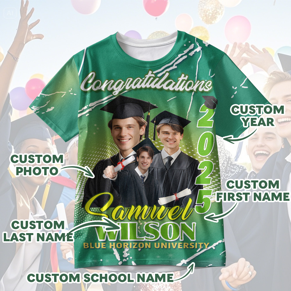 Custom 3D Graduation T-shirt Personalised Name & Year T-shirt Graduation Gift for Him