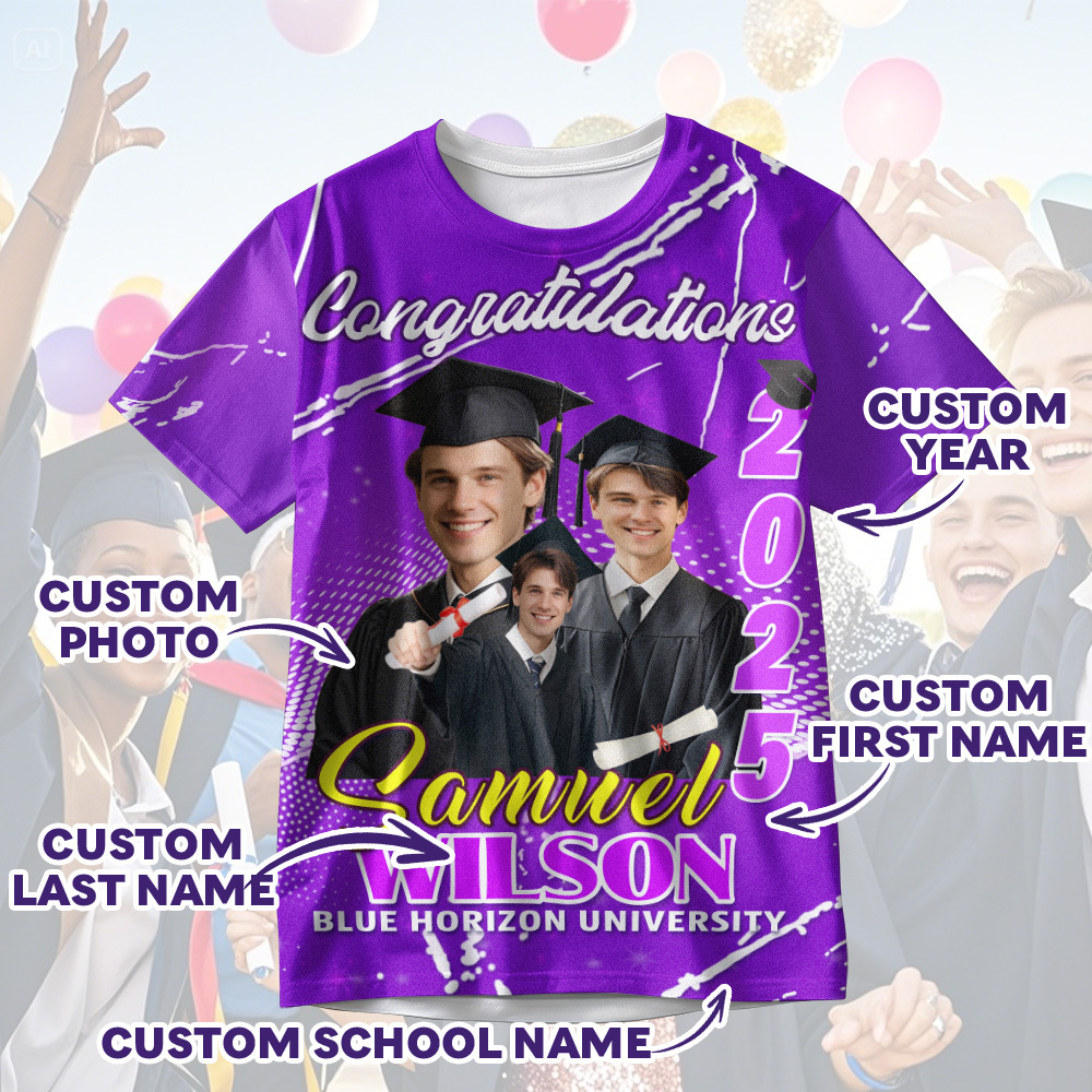 Custom 3D Graduation T-shirt Personalised Name & Year T-shirt Graduation Gift for Him
