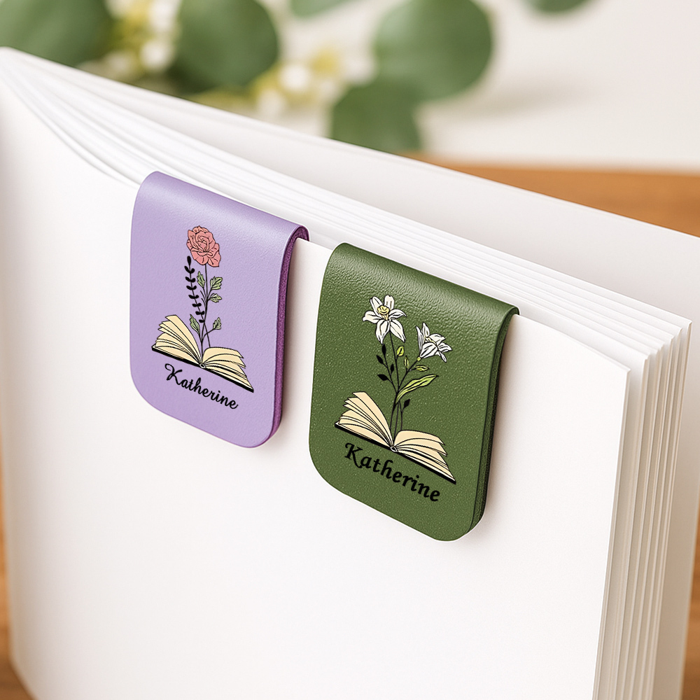 Name Bookmark with Birth Flower,Custom Leather Birth Flower Bookmark,Personalized Magnetic Bookmark,Book Lover Birthday Gift,Book Accessory