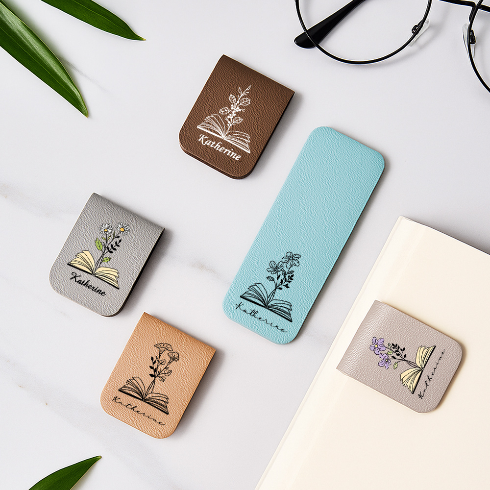 Name Bookmark with Birth Flower,Custom Leather Birth Flower Bookmark,Personalized Magnetic Bookmark,Book Lover Birthday Gift,Book Accessory