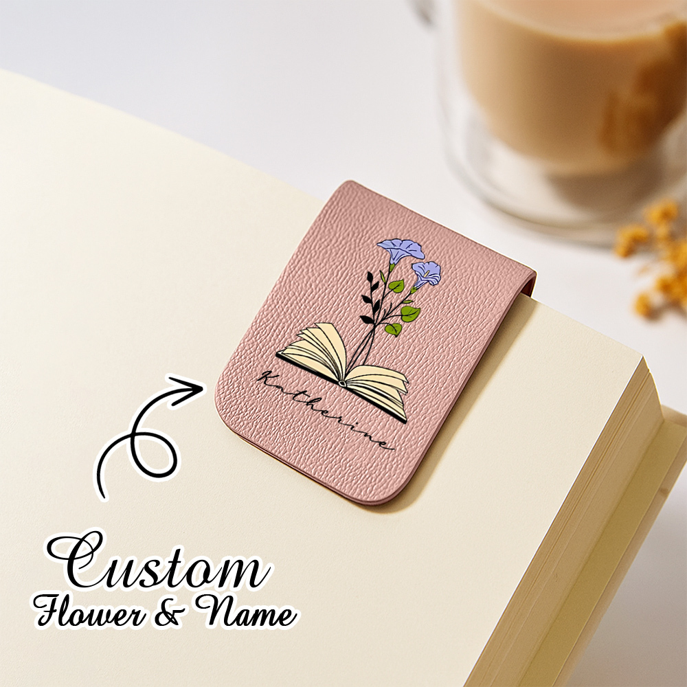 Name Bookmark with Birth Flower,Custom Leather Birth Flower Bookmark,Personalized Magnetic Bookmark,Book Lover Birthday Gift,Book Accessory