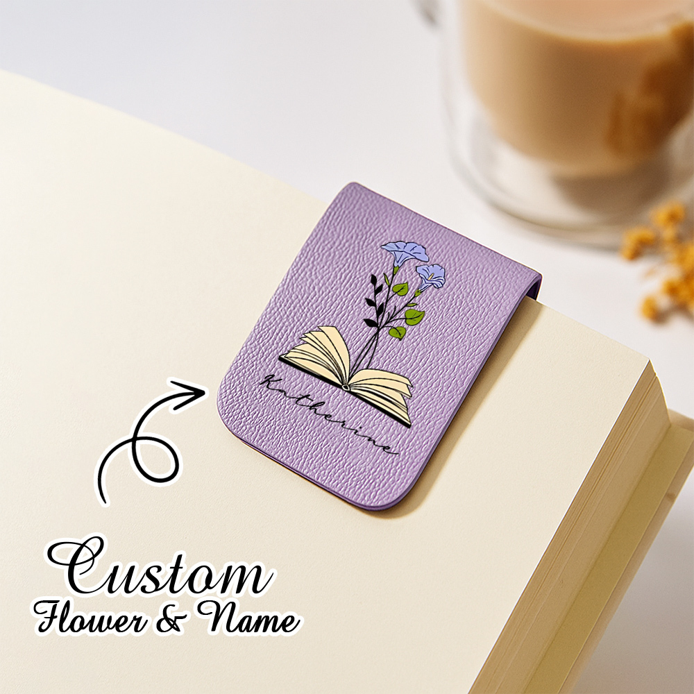 Name Bookmark with Birth Flower,Custom Leather Birth Flower Bookmark,Personalized Magnetic Bookmark,Book Lover Birthday Gift,Book Accessory