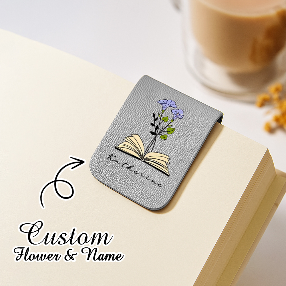 Name Bookmark with Birth Flower,Custom Leather Birth Flower Bookmark,Personalized Magnetic Bookmark,Book Lover Birthday Gift,Book Accessory