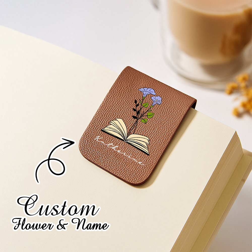 Name Bookmark with Birth Flower,Custom Leather Birth Flower Bookmark,Personalized Magnetic Bookmark,Book Lover Birthday Gift,Book Accessory
