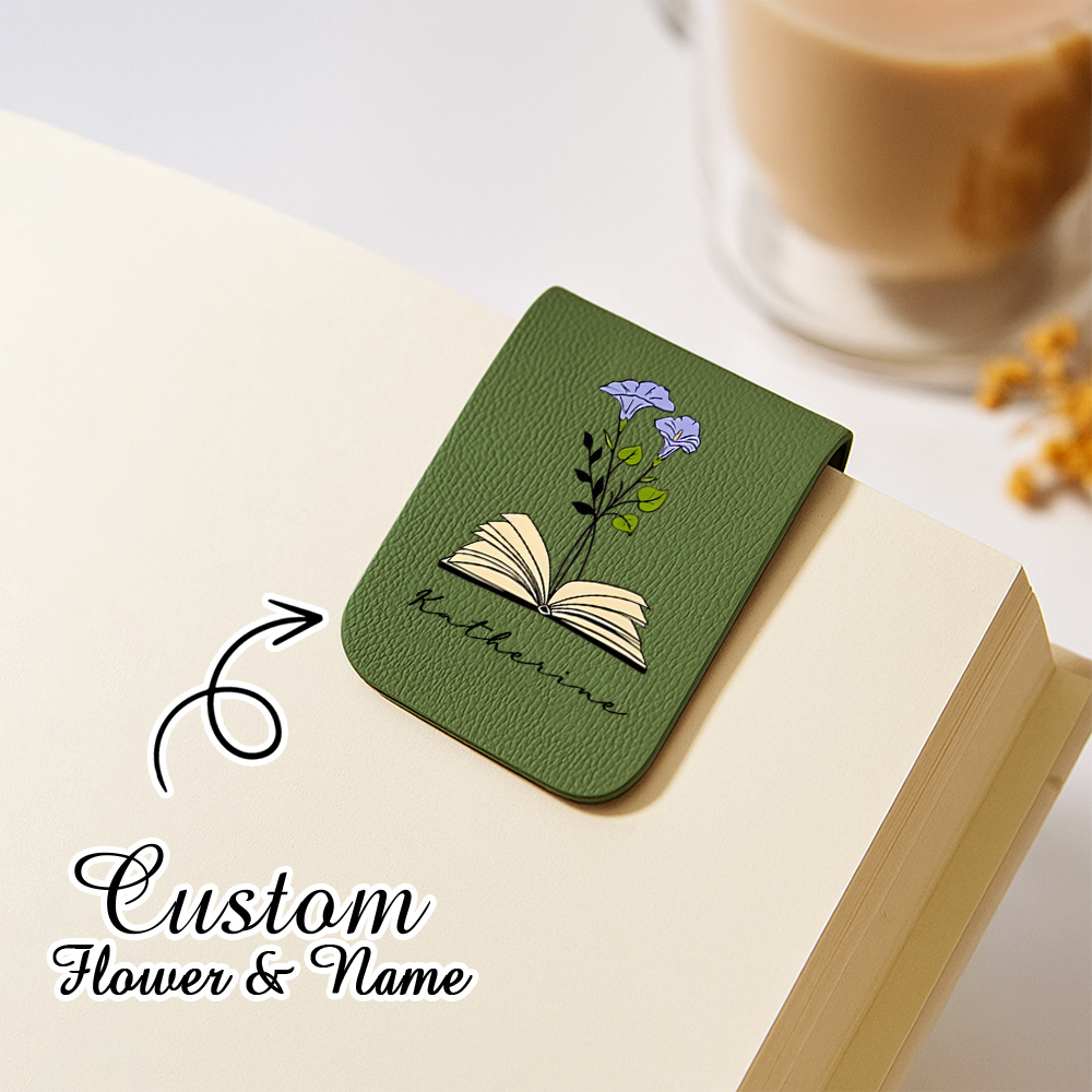 Name Bookmark with Birth Flower,Custom Leather Birth Flower Bookmark,Personalized Magnetic Bookmark,Book Lover Birthday Gift,Book Accessory