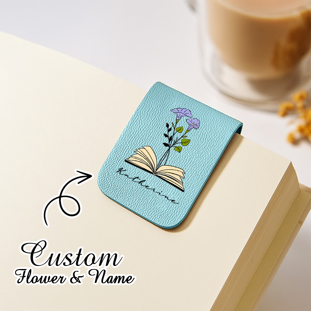 Name Bookmark with Birth Flower,Custom Leather Birth Flower Bookmark,Personalized Magnetic Bookmark,Book Lover Birthday Gift,Book Accessory