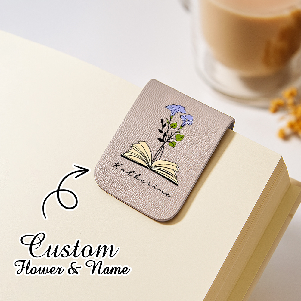 Name Bookmark with Birth Flower,Custom Leather Birth Flower Bookmark,Personalized Magnetic Bookmark,Book Lover Birthday Gift,Book Accessory