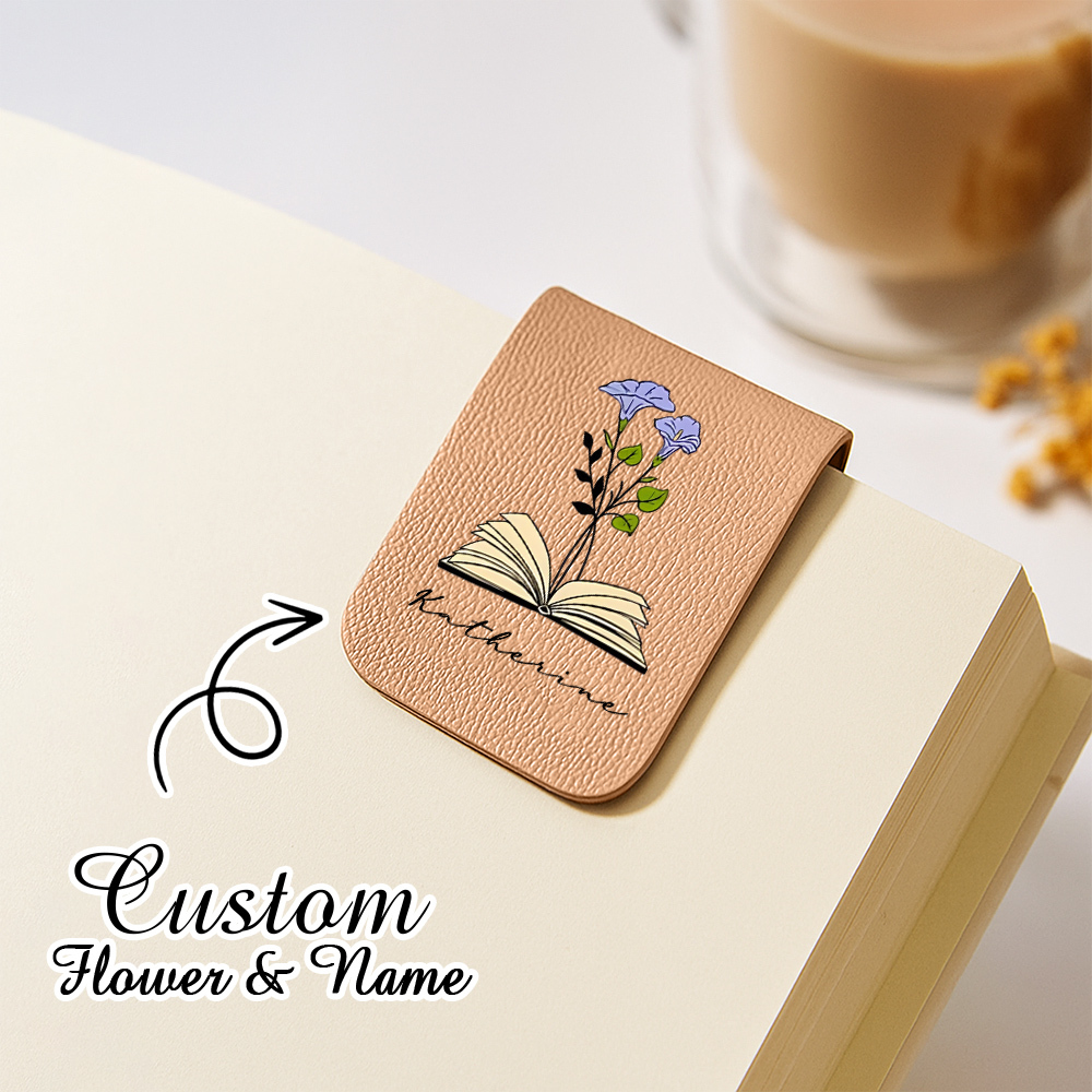 Name Bookmark with Birth Flower,Custom Leather Birth Flower Bookmark,Personalized Magnetic Bookmark,Book Lover Birthday Gift,Book Accessory