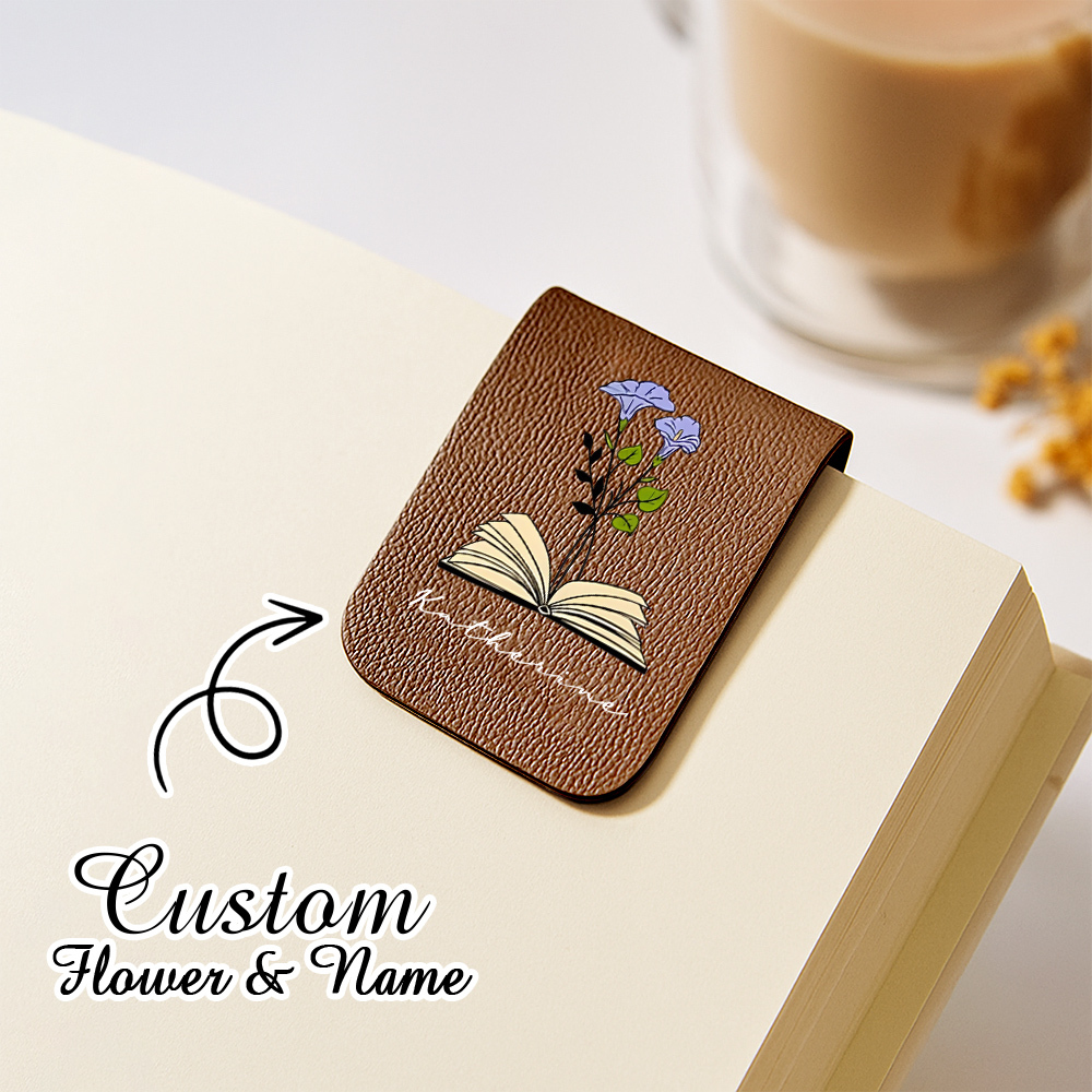 Name Bookmark with Birth Flower,Custom Leather Birth Flower Bookmark,Personalized Magnetic Bookmark,Book Lover Birthday Gift,Book Accessory