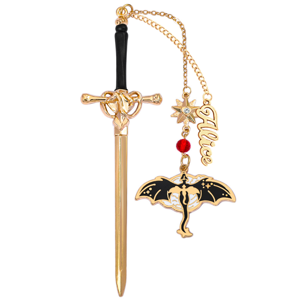 Personalized Dragon Sword Bookmark – Custom Name Fantasy Winged Dragon Metal Charm Gift for Book Lovers - 