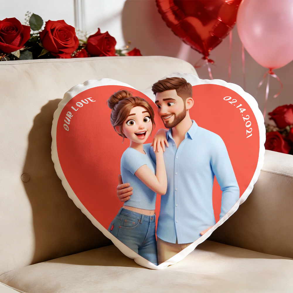 Custom Couple Photo Pillow – Red Heart-shaped Personalized Pillows For Valentine’s Day Gifts - 