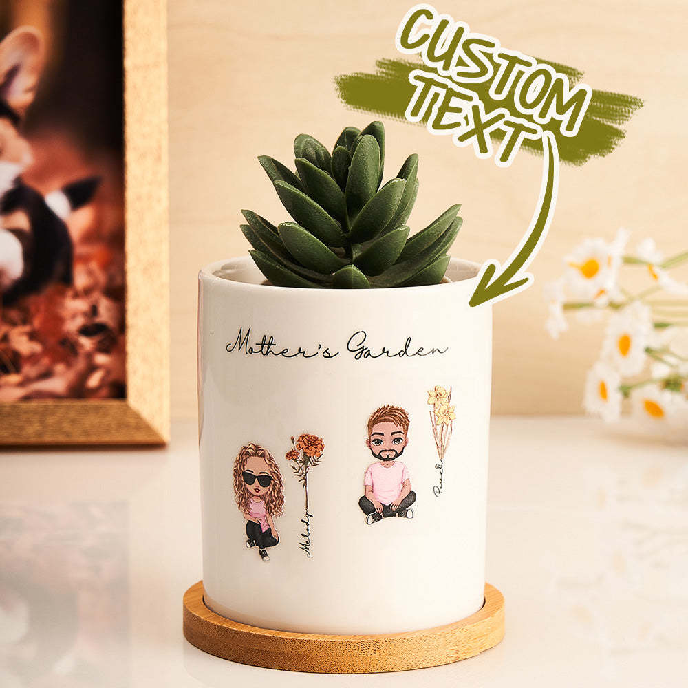 Personalized Cartoon Figure Birth Flower Ceramic Plant Pot Gift for Grandma Mom -
