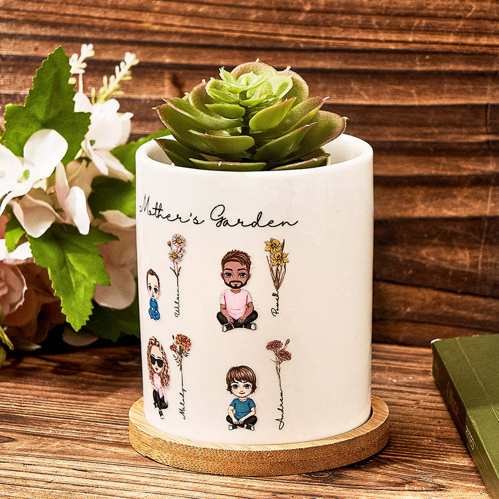 Personalized Cartoon Figure Birth Flower Ceramic Plant Pot Gift for Grandma Mom -