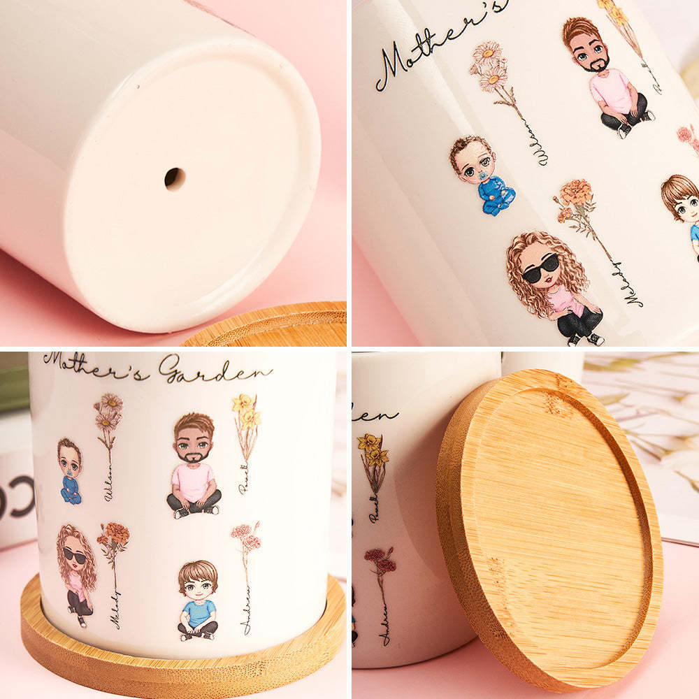 Personalized Cartoon Figure Birth Flower Ceramic Plant Pot Gift for Grandma Mom -