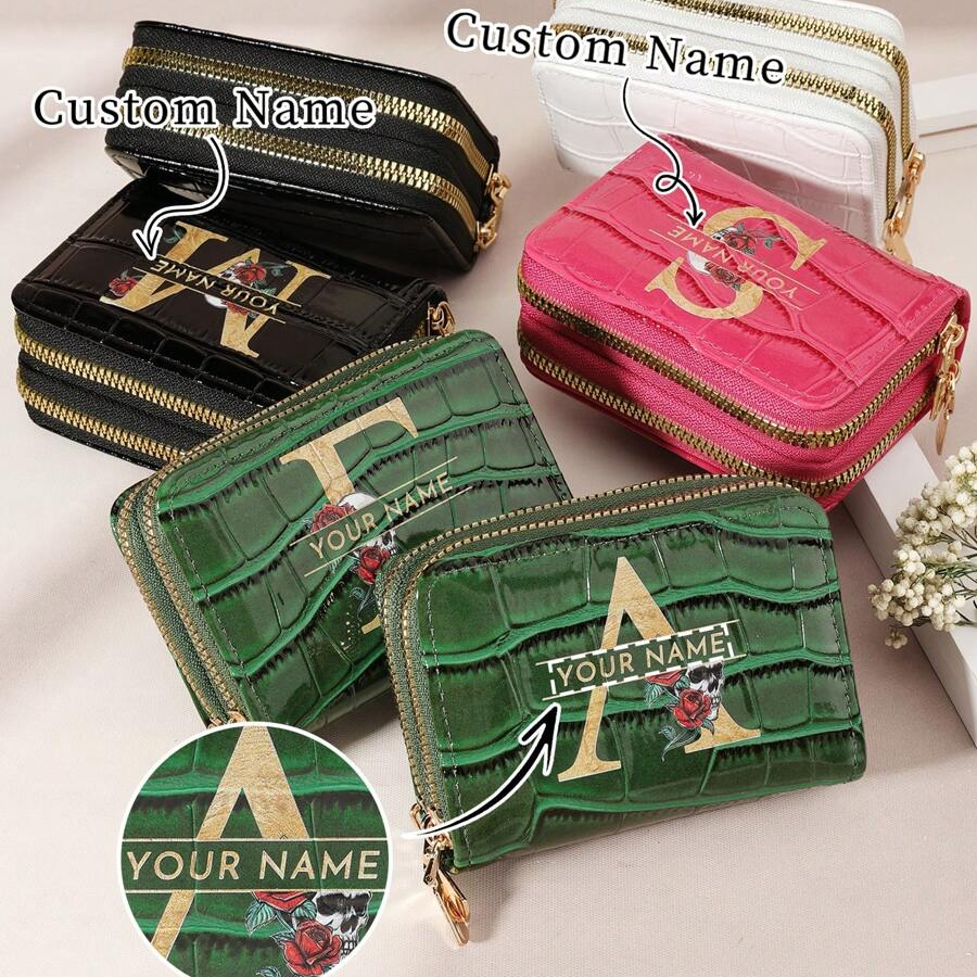 Customized Exclusive Signature Exquisite Wallet, Personalized Signature Design Wallet, Customized Exclusive Crocodile Pattern Letter Flower Fashionable Multi Slot Large Capacity Double Zipper Card Bag