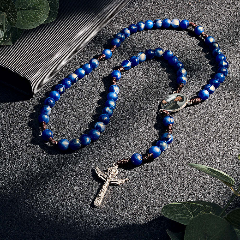 Custom Rosary Beads Cross Necklace Personalized Imitation Agate Beads Hand Woven Necklace with Photo - Myphotowallet