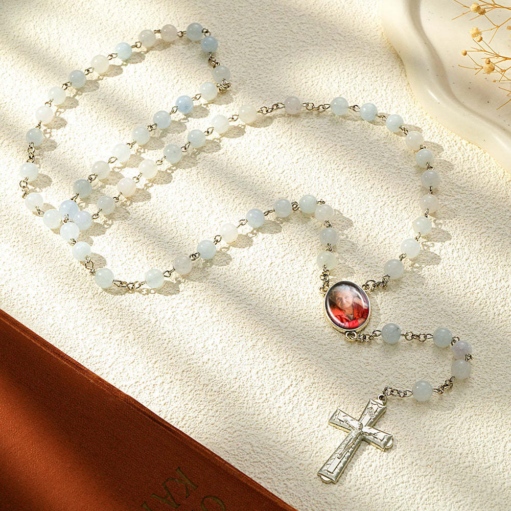 Custom Rosary Beads Cross Necklace Personalized Aquamarine Chalcedony Beads Necklace with Photo - Myphotowallet