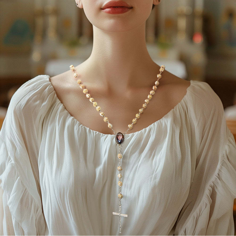 Custom Rosary Beads Cross Necklace Personalized Golden Rose Beads Necklace with Photo - Myphotowallet