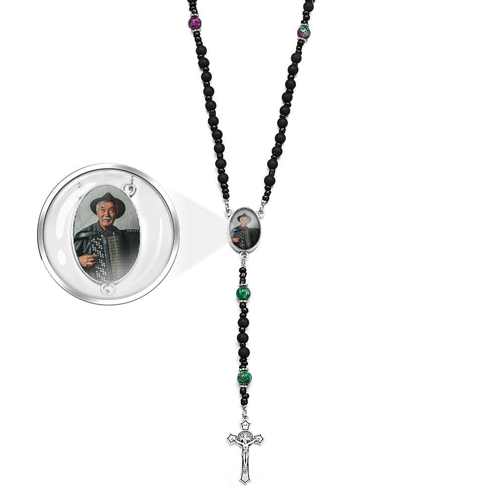 Custom Rosary Beads Cross Necklace Personalized Pattern Black Imitation Agate Necklace with Photo - Myphotowallet