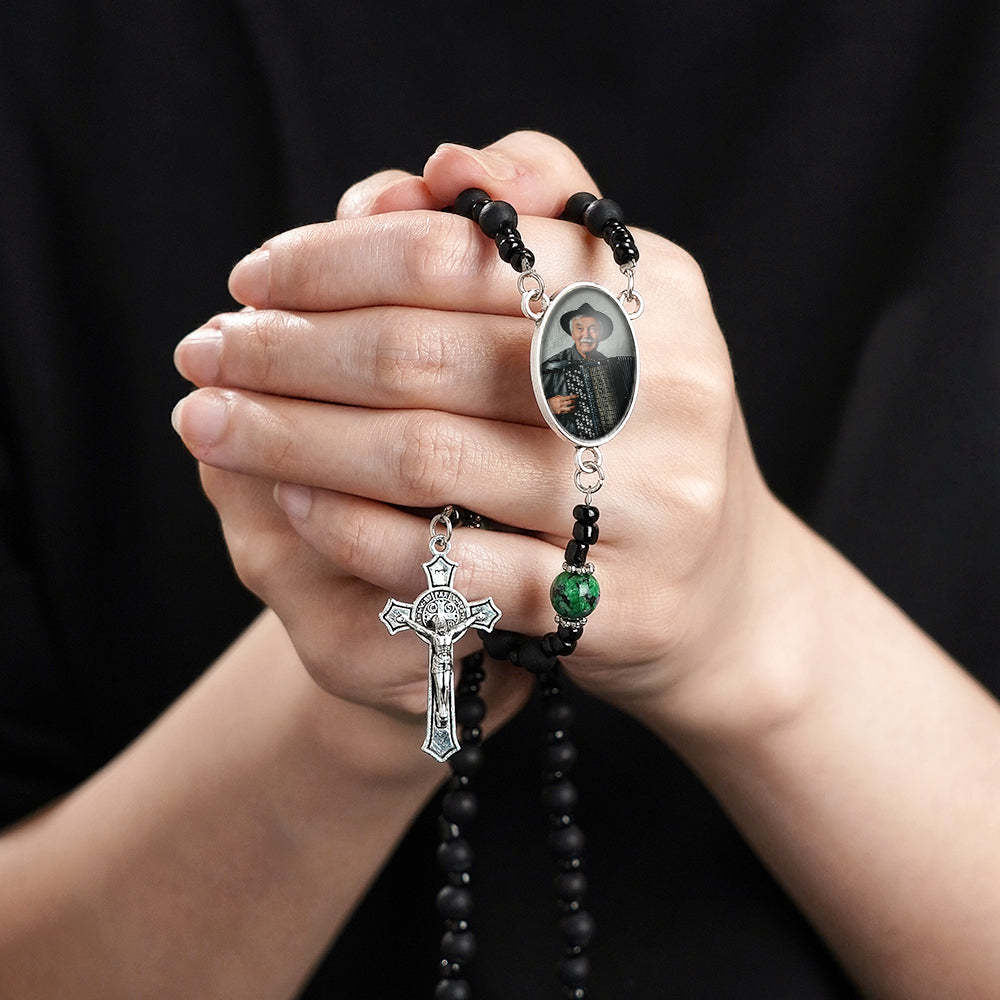 Custom Rosary Beads Cross Necklace Personalized Pattern Black Imitation Agate Necklace with Photo - Myphotowallet