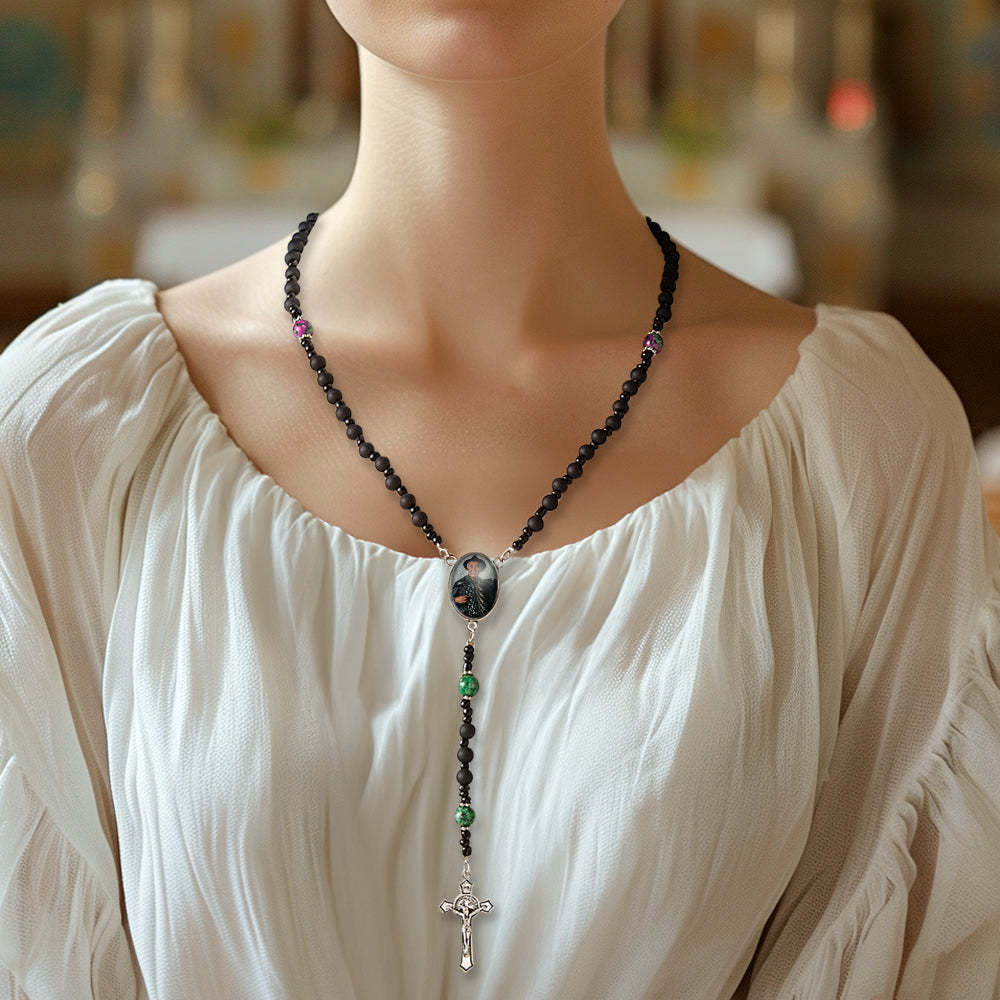 Custom Rosary Beads Cross Necklace Personalized Pattern Black Imitation Agate Necklace with Photo - Myphotowallet