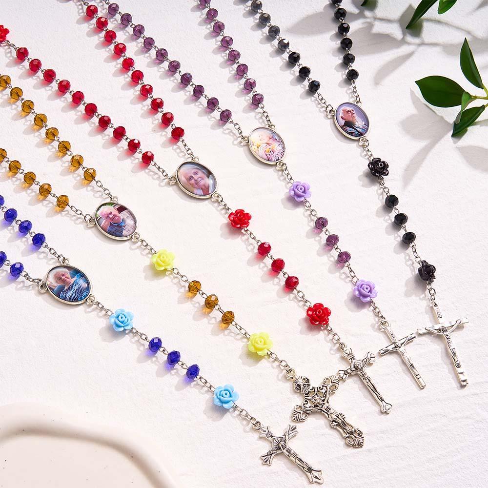Custom Rosary Beads Cross Necklace Personalized Rose Crystal Necklace with Photo - Myphotowallet