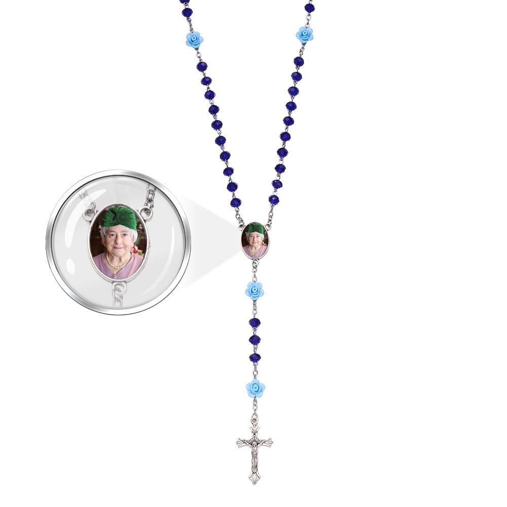 Custom Rosary Beads Cross Necklace Personalized Rose Crystal Necklace with Photo - Myphotowallet