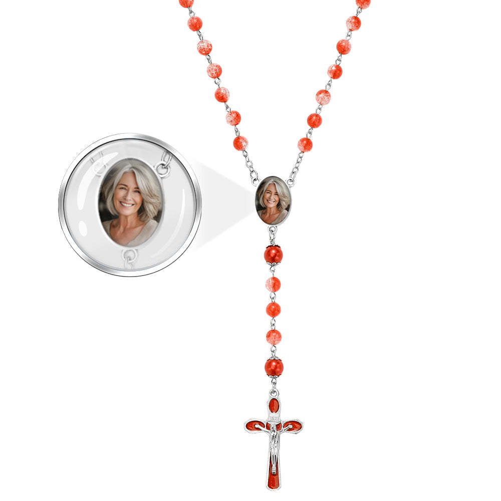 Custom Rosary Beads Cross Necklace Personalized Acrylic Explosion Beads Long Style Necklace with Photo - Myphotowallet