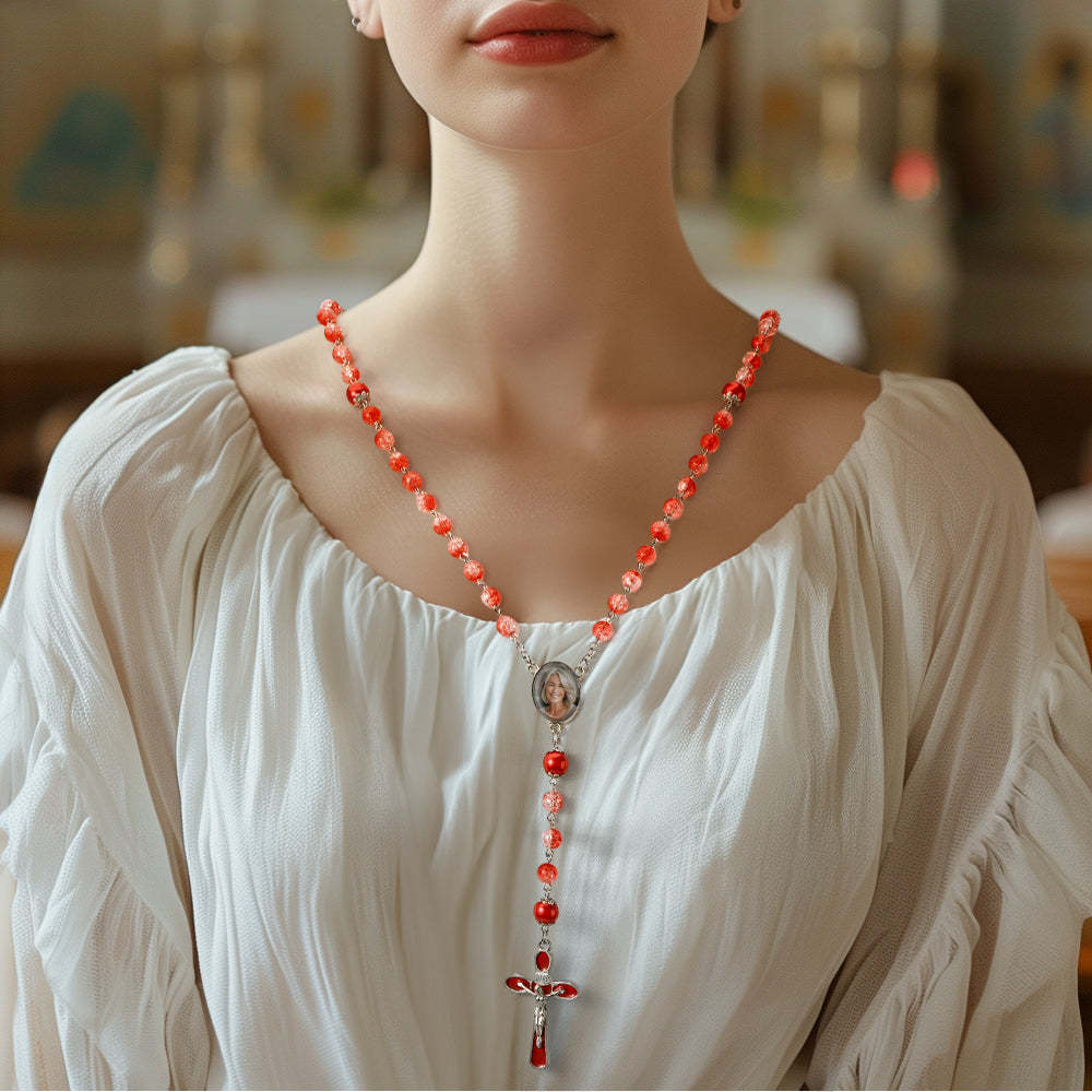 Custom Rosary Beads Cross Necklace Personalized Acrylic Explosion Beads Long Style Necklace with Photo - Myphotowallet