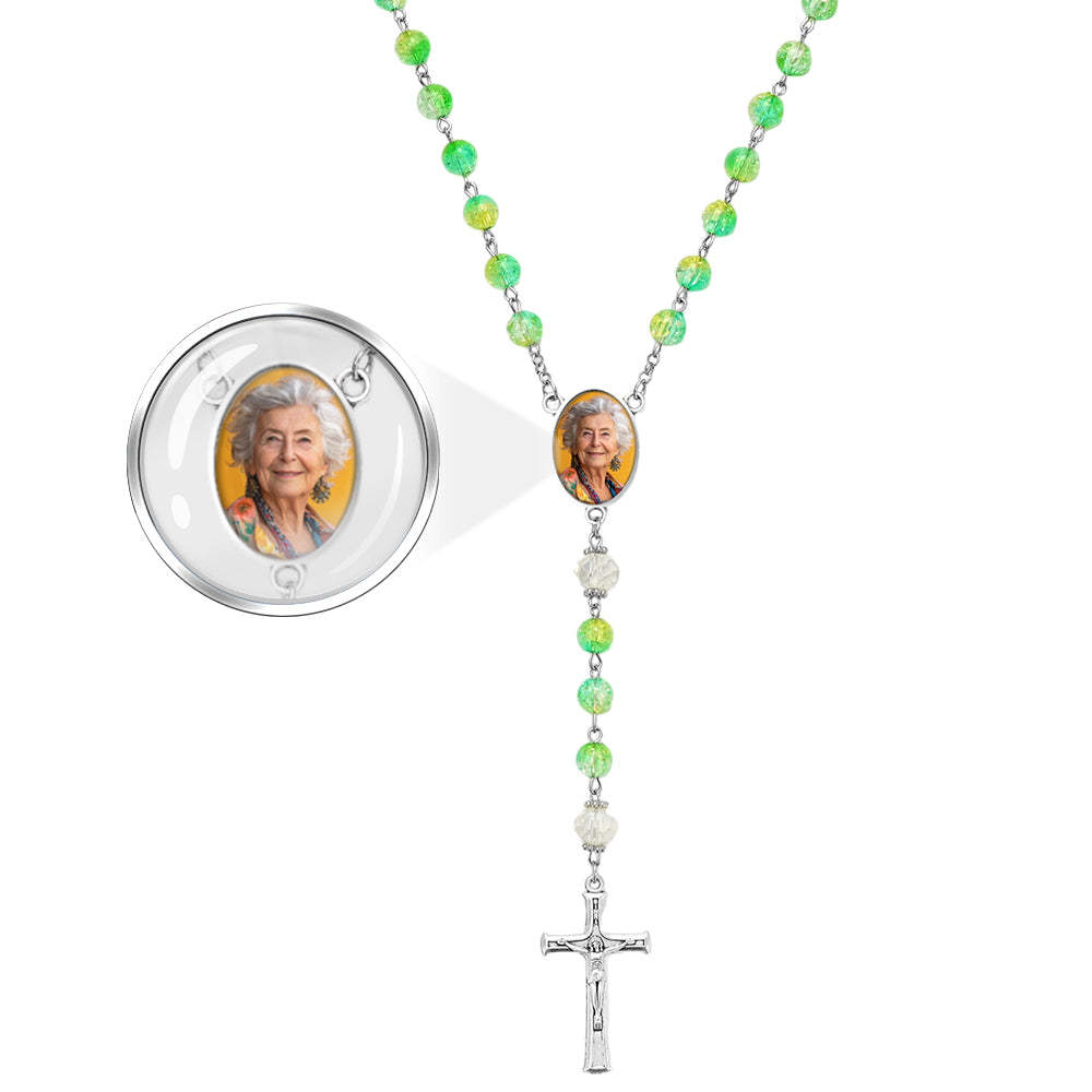 Custom Rosary Beads Cross Necklace Personalized Acrylic Explosion Beads Long Style Necklace with Photo - Myphotowallet