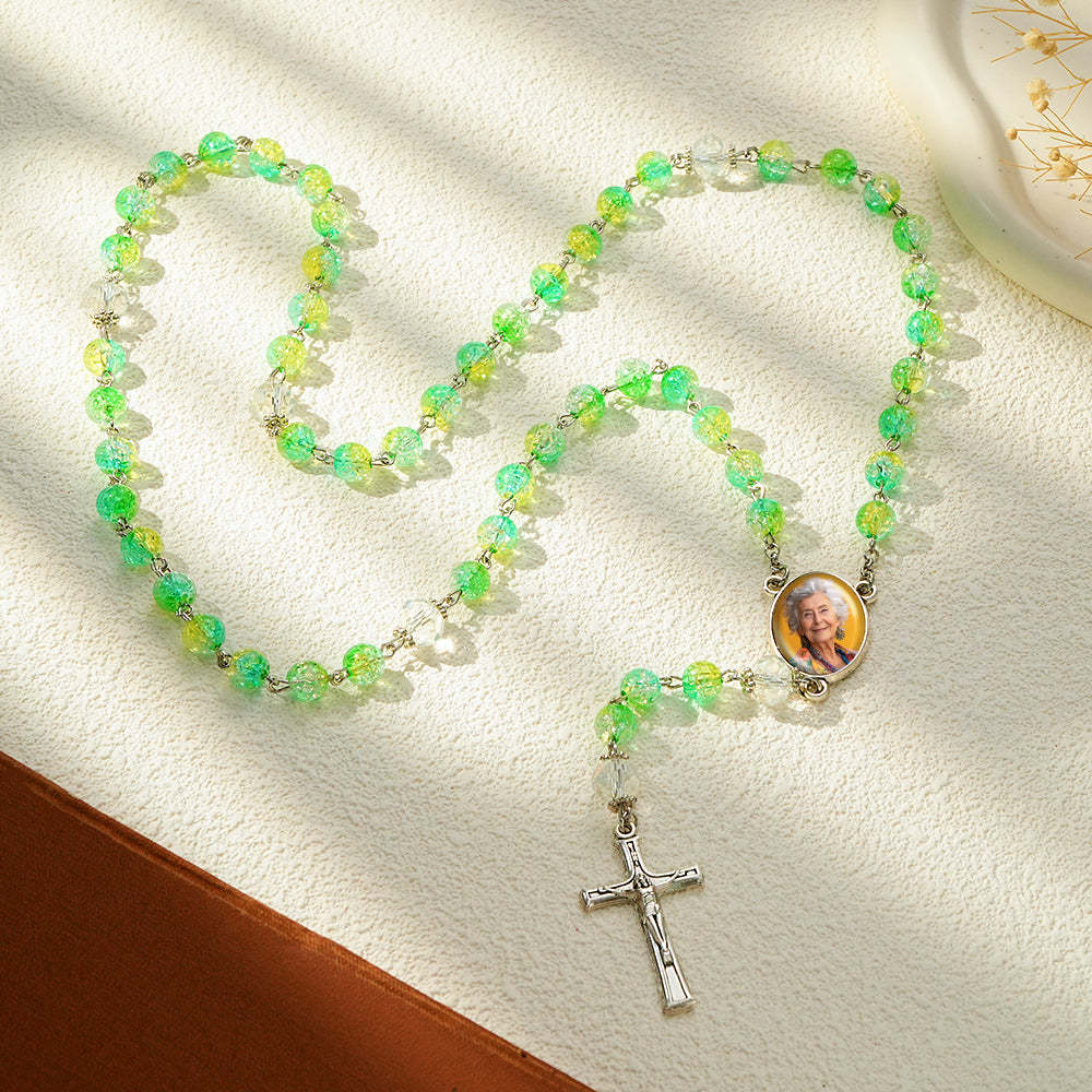 Custom Rosary Beads Cross Necklace Personalized Acrylic Explosion Beads Long Style Necklace with Photo - Myphotowallet