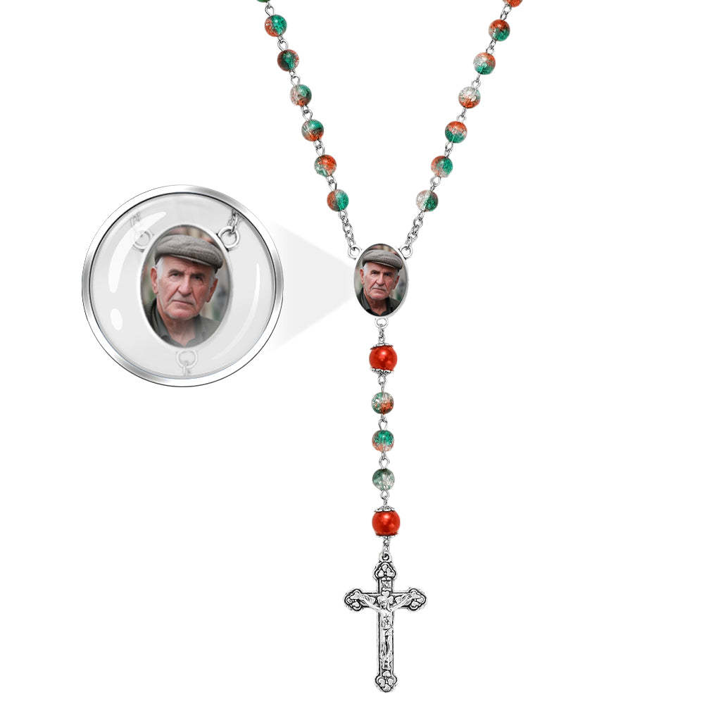 Custom Rosary Beads Cross Necklace Personalized Acrylic Explosion Beads Long Style Necklace with Photo - Myphotowallet