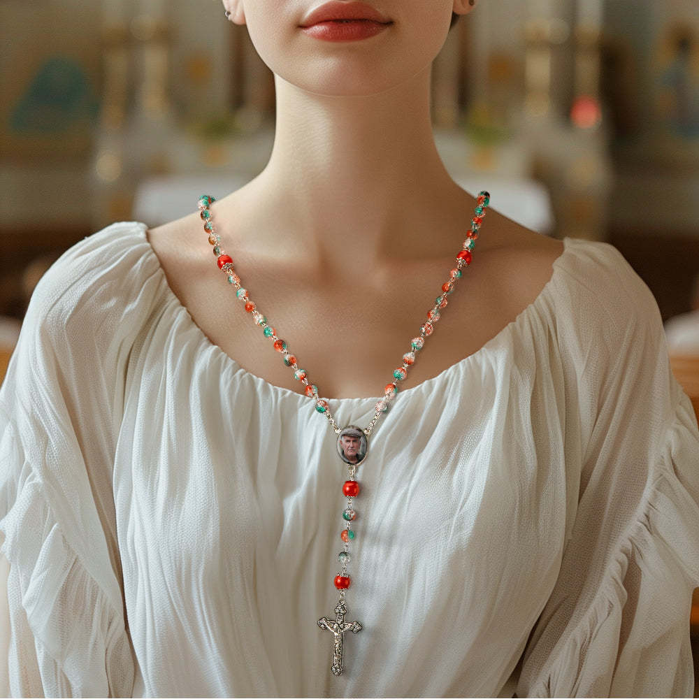 Custom Rosary Beads Cross Necklace Personalized Acrylic Explosion Beads Long Style Necklace with Photo - Myphotowallet