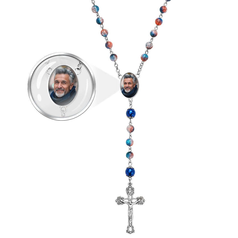 Custom Rosary Beads Cross Necklace Personalized Acrylic Explosion Beads Long Style Necklace with Photo - Myphotowallet
