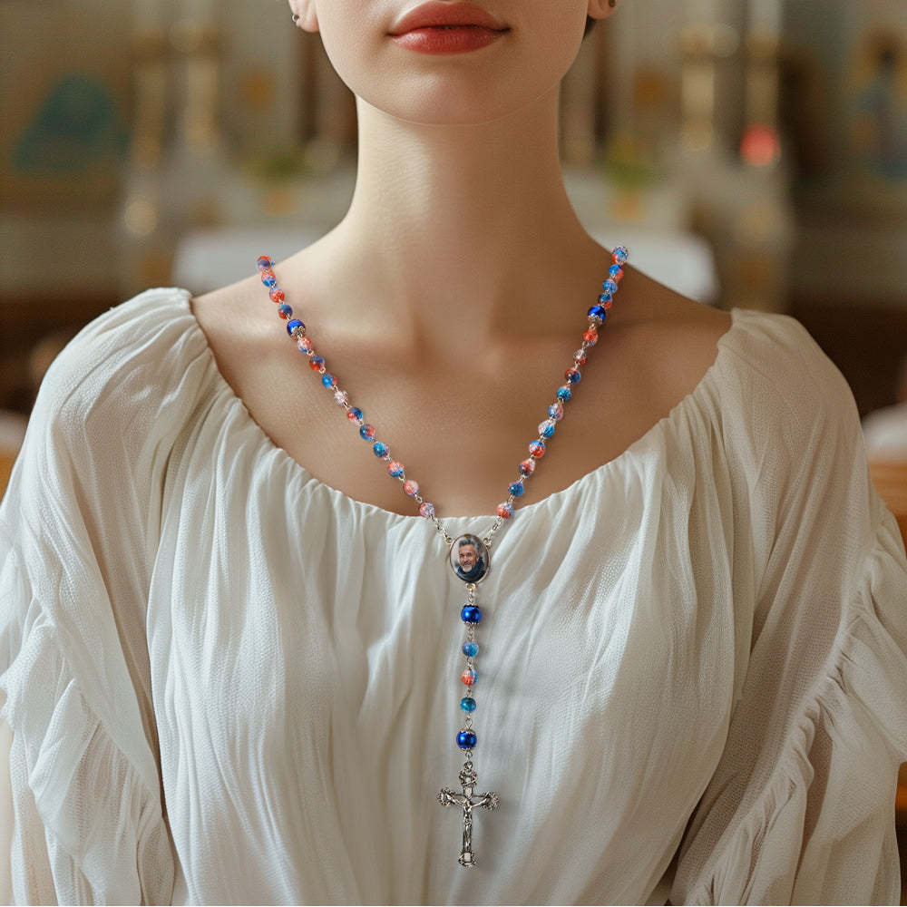Custom Rosary Beads Cross Necklace Personalized Acrylic Explosion Beads Long Style Necklace with Photo - Myphotowallet