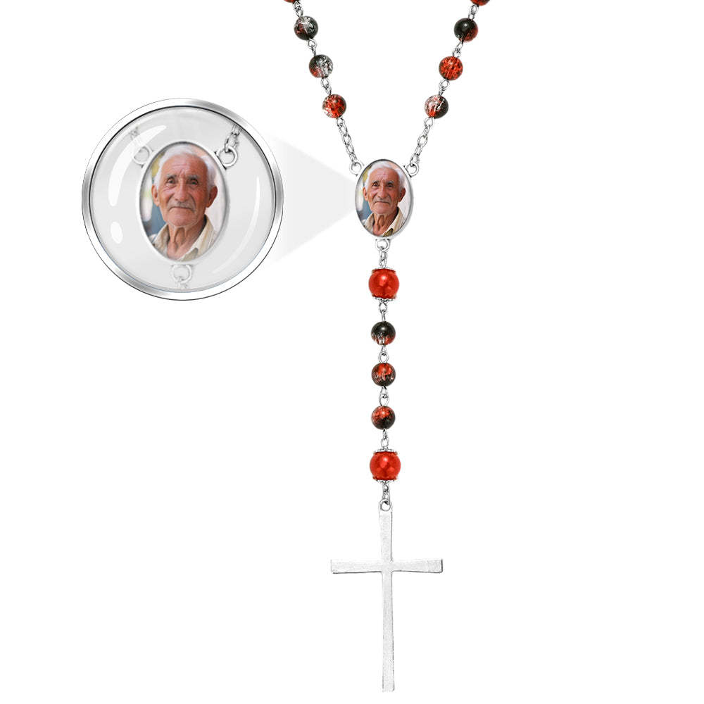 Custom Rosary Beads Cross Necklace Personalized Acrylic Explosion Beads Long Style Necklace with Photo - Myphotowallet