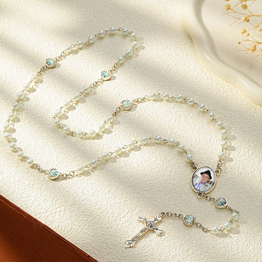 Custom Rosary Beads Necklace Personalized Glass Imitation Pearls Cross Necklace with Photo - Myphotowallet