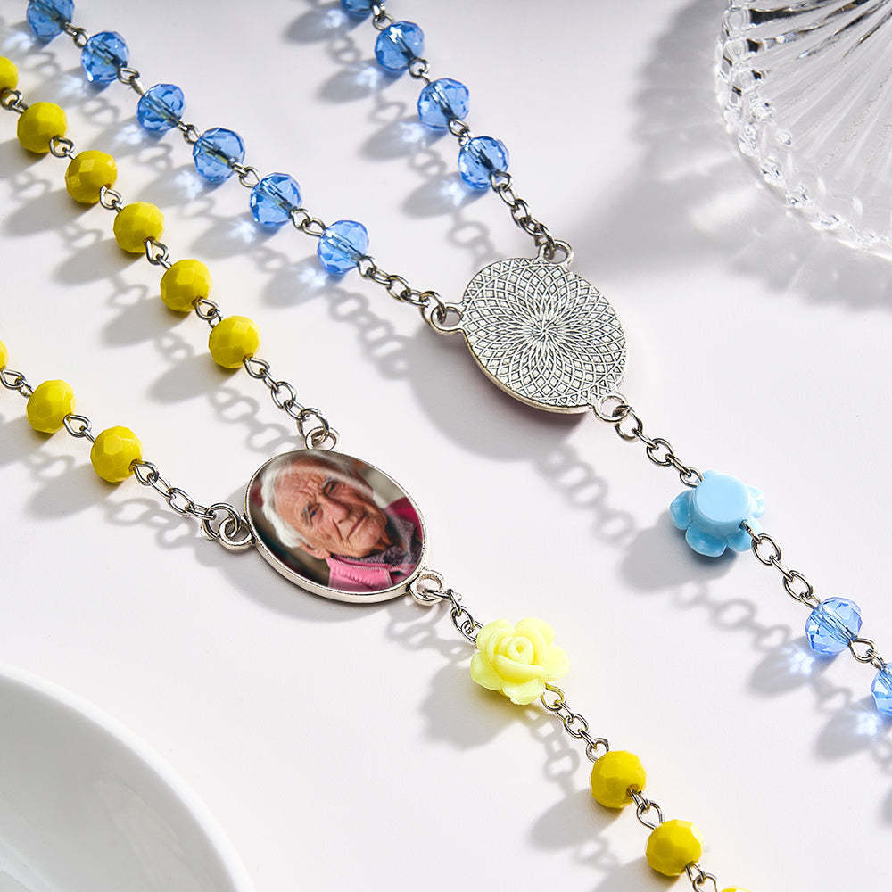 Custom Rosary Beads Cross Necklace Personalized Hip-Hop Style Multi-Color Crystal Necklace with Photo - Myphotowallet