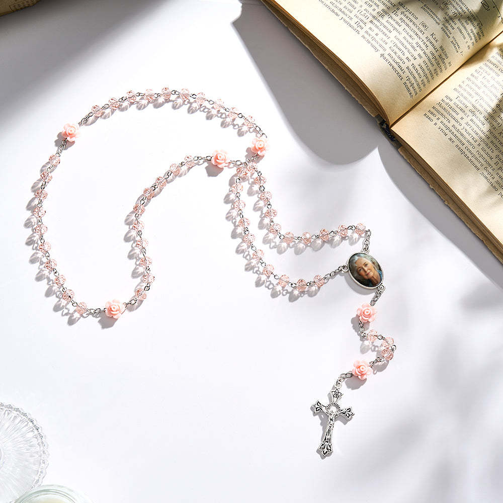 Custom Rosary Beads Cross Necklace Personalized Hip-Hop Style Multi-Color Crystal Necklace with Photo - Myphotowallet
