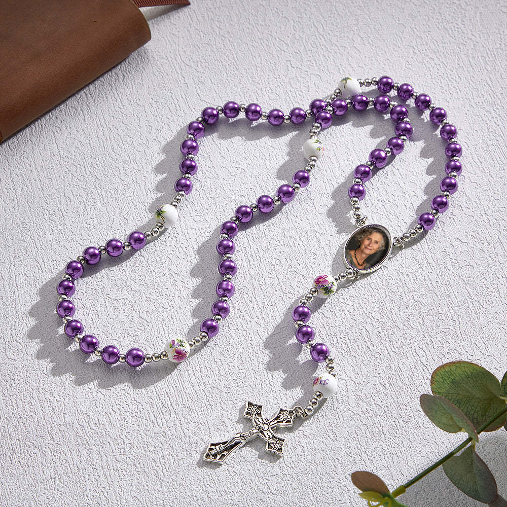 Custom Rosary Beads Cross Necklace Personalized Ceramic Rose Glass Imitation Pearl Necklace with Photo - Myphotowallet