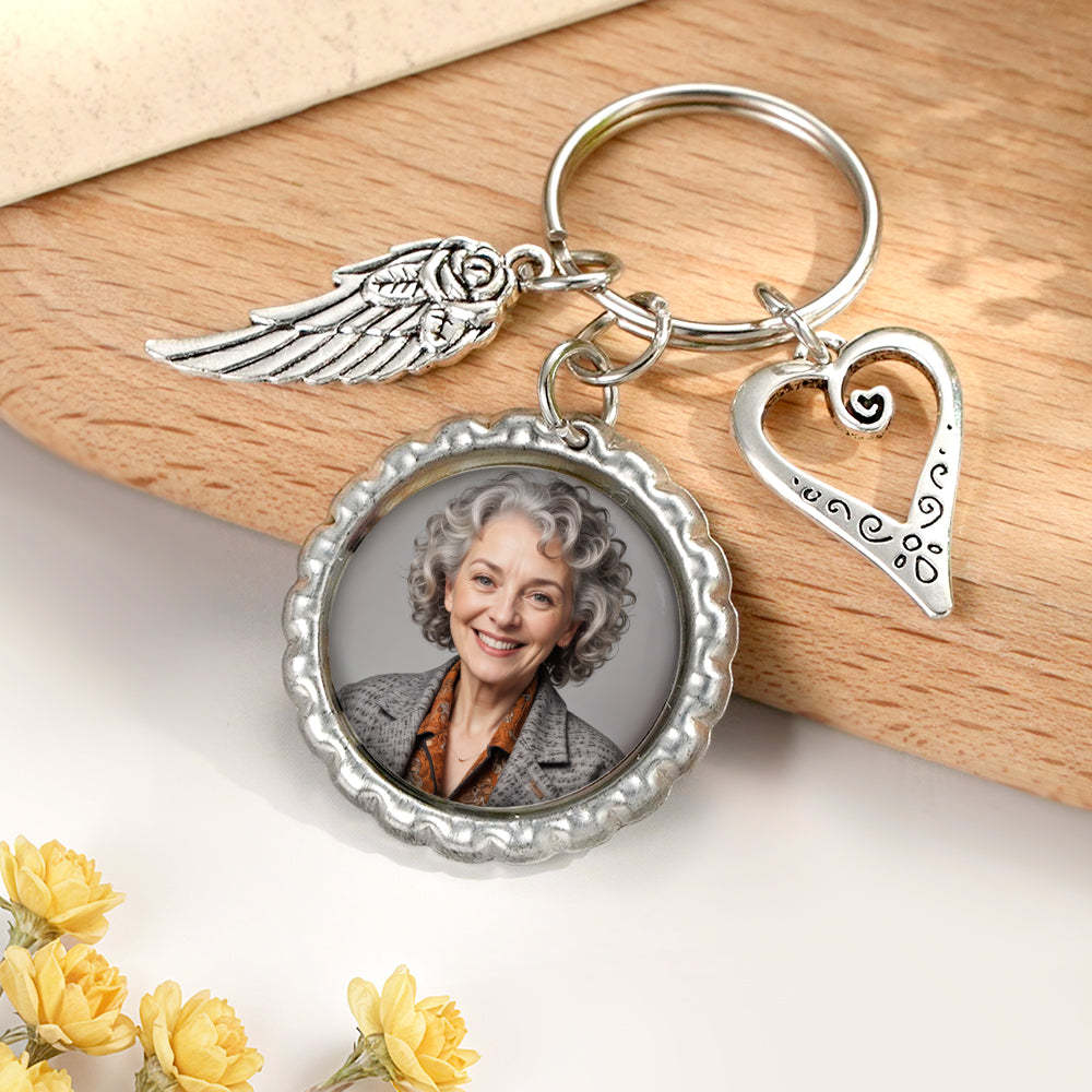 Personalized Photo Keychain with Text Heart Wing Keychain Memorial Gift -