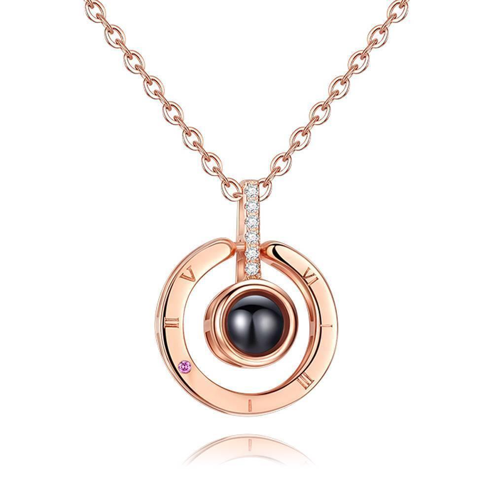 Personalized Photo With 100 Languages Says I Love You Projection Necklace Round-shaped Rose Gold