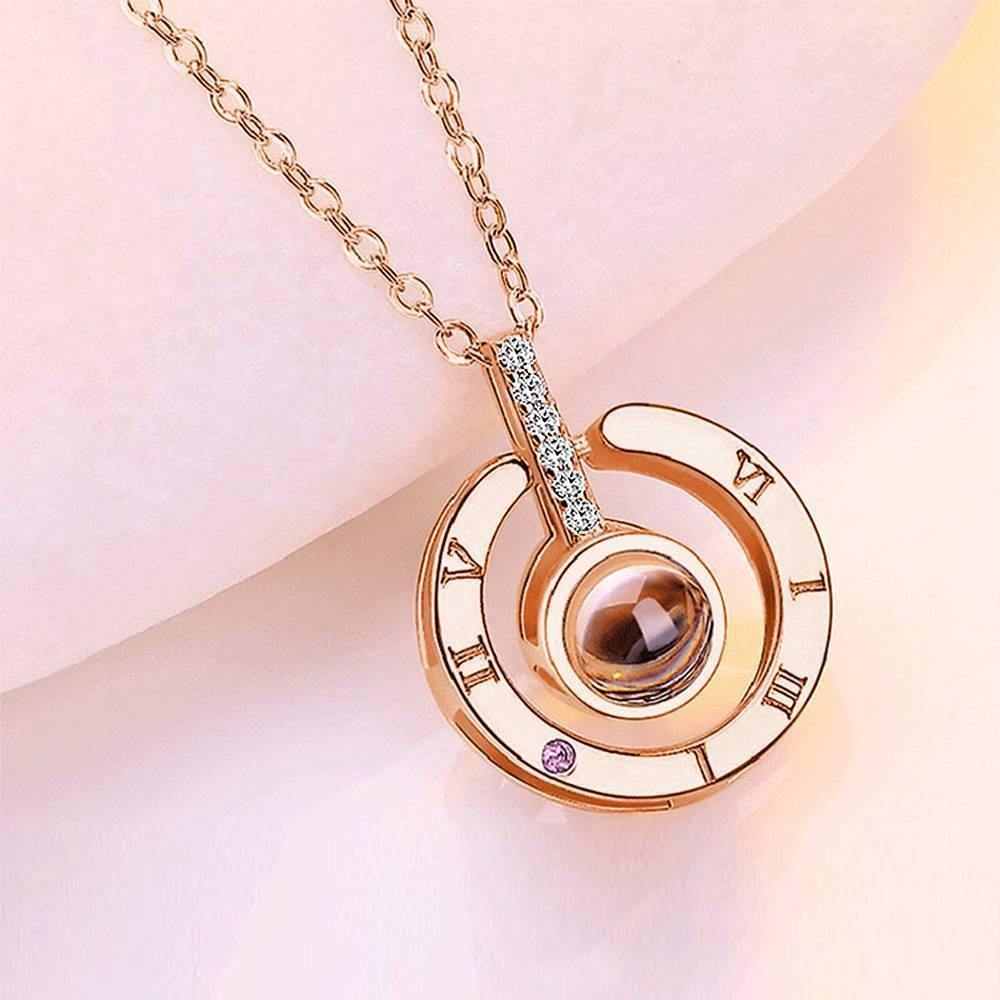 Personalized Photo With 100 Languages Says I Love You Projection Necklace Round-shaped Rose Gold