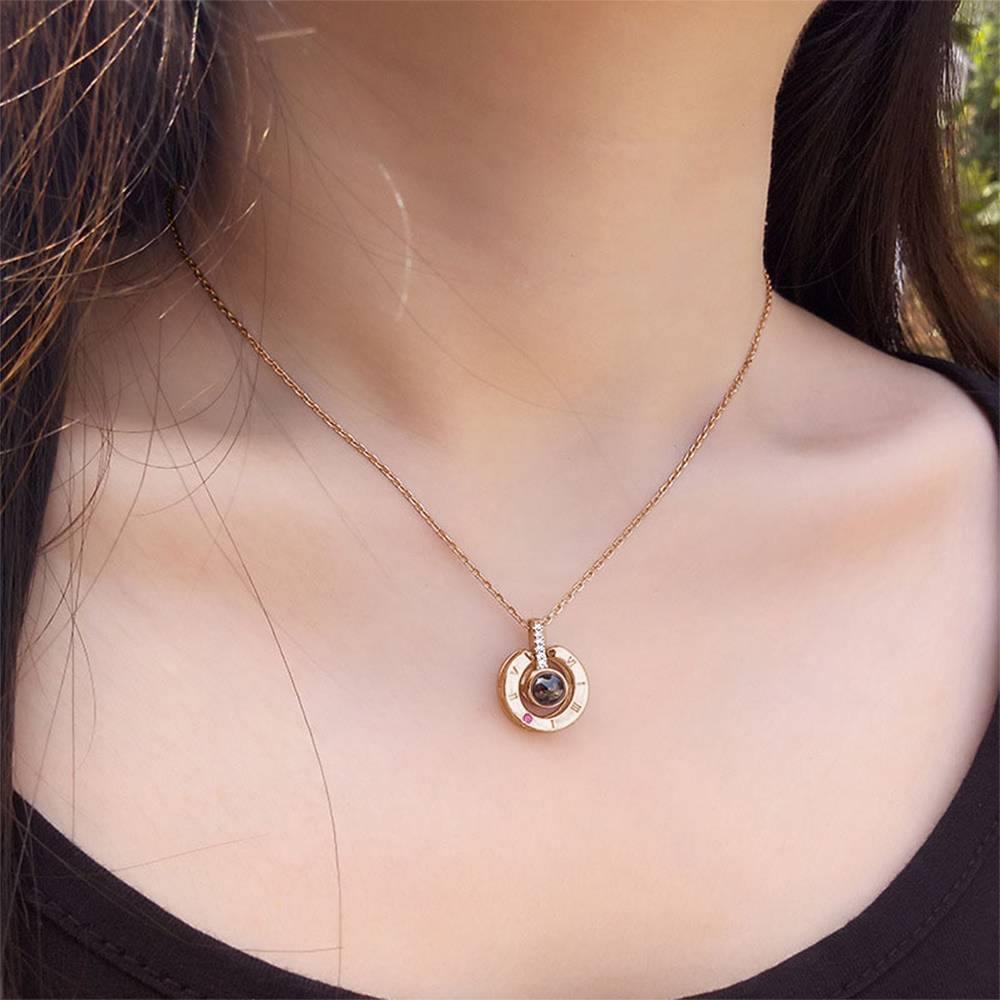 Personalized Photo With 100 Languages Says I Love You Projection Necklace Round-shaped Rose Gold