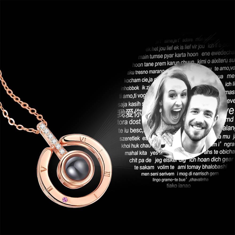 Personalized Photo With 100 Languages Says I Love You Projection Necklace Round-shaped Rose Gold